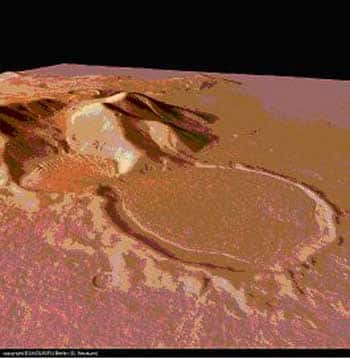 <br />Le « glacier sablier » photographié par la sonde Mars Express à l'est du bassin d'Hellas : À présent sous une couche de sédiment protectrice, la glace du petit cratère (diamètre 9 km) a flué dans le grand cratère en contrebas, large de 16 km <br />&copy; ESA/DLR/FU berlin (G. Neukum). 