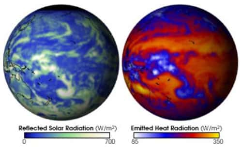 <br />A gauche l'énergie solaire réfléchie par la Terre, à droite l'énergie thermique émise le même jour (1er Janvier 2002 zone Pacifique). Les zones les plus claires représentent des nuages épais qui réfléchissent la lumière solaire et qui empêchent aussi la chaleur de la Terre de s'échapper. 