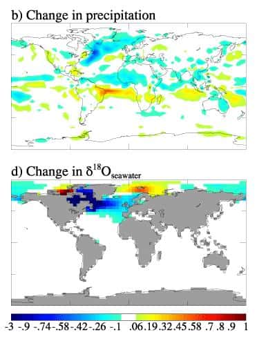 Résultats de la simulation de la réponse climatique à l'afflux d'eau froide dans la baie d'Hudson<br /> Sur les clichés a) et b) figurent les changements en terme de température et précipitations <br />Sur les clichés c) et d) figurent les changements des paramètres simulés, comparés aux isotopes de l'oxygène (ou aux proxies de température et précipitations paléoclimatiques) <br />(Crédits : NASA GISS)