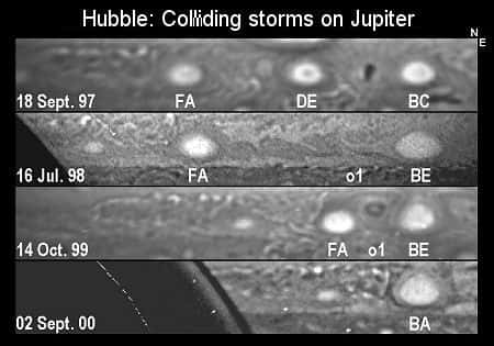 La naissance d'Ovale BA, entre 1997 et 2000, vue par Hubble<br /> Elle est le fruit de la fusion de trois taches blanches - trois tempêtes - de petits diamètres <br />(Crédits : JPL/NASA)