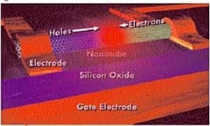Sur ce schéma d'une réalisation de l'équipe, un nanotube de carbone fait office de porte électronique, à la manière d'un transistor.