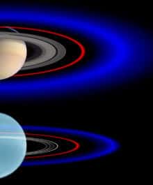 Saturne (en haut) et Uranus sont les deux seules planètes du Système Solaire à arborer un anneau bleu <br /> (Courtesy of Imke de Pater)