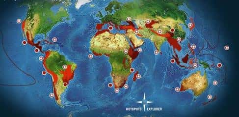 Les principaux Hotspots dans le monde <br />(Crédits : Conservation International)
