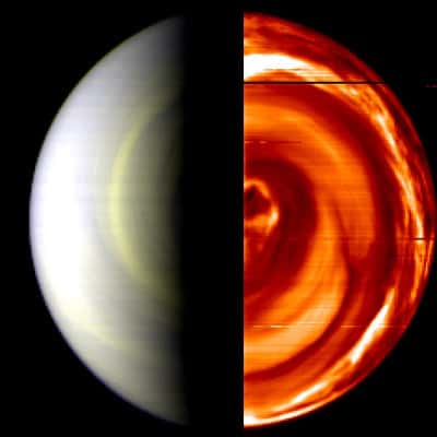 Cette image en fausse couleur de Virtis montre le jour (à gauche) et la nuit de Vénus (à droite). <br />Les détails les plus petits mesurent quelque 50 kilomètres par pixel.  <br />(Crédits : ESA / INAF-IASF, Rome, Italy & Observatoire de Paris, France) 