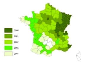 <br />La mineuse du marronnier a colonisé presque toute la France entre 2000 et 2004.  &copy; Augustin Sylvie  - Inra - Reproduction ou utilisation interdites 
