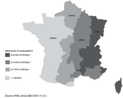 Carte des retombées de l'accident de Tchernobyl en France <br />Dépôts moyens d'iode 131 par département à la suite de l'accident de Tchernobyl<br /> (estimations relatives au mois de mai 1986) <br />(Crédits : IPSN)