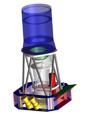 Schéma de la structure interne de la charge utile de Corot, avec le télescope Corotel et son baffle, la caméra CorotCam et la case à équipement qui leur est associée.<br />(Crédits : CNES)