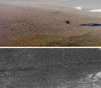 En haut : Dunes de sable dans le désert de Namibie <br />En bas : Champ de dunes sur Titan <br />(Crédits : En haut : JSC/NASA, en bas : Lorenz et al., Science) 