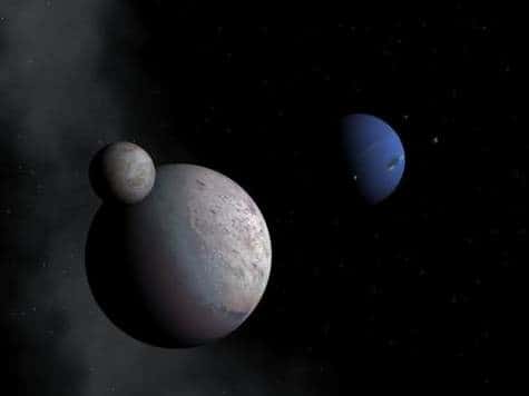 Vue d'artiste de Triton et de son compagnon, en train d'approcher de Neptune<br />C'est à l'occasion d'une telle rencontre que Triton aurait été capturé par la géante gazeuse<br />(Crédits : Craig Agnor)
