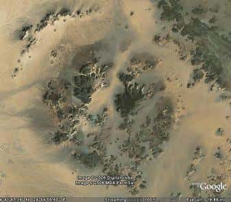 Le cratère Kebira vu par Google Earth<br /> (Crédits : Google Inc)