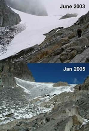 Le glacier Elena, niché dans les montagnes africaines Rwenzori, a reculé de plus de 20 mètres en l'espace de deux ans <br />L'une de ces photographies est prise en juin et l'autre en janvier mais, selon les chercheurs, cette région du globe connaît les mêmes conditions climatiques à ces deux moments de l'année <br />(Crédits : R. Taylor)