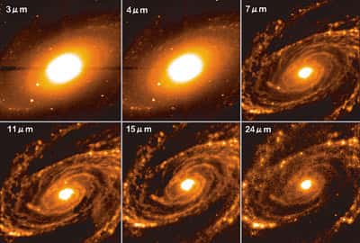 Images de la galaxie M81 obtenue par l'IRC (near- and mid-Infrared Camera) d'AKARI <br />(Crédits : JAXA)