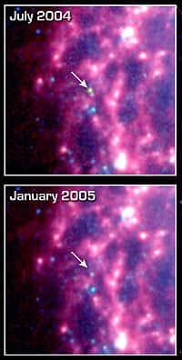 En comparant ces deux clichés, on constate que de la poussière visible en juin 2004 ne l'est plus en janvier 2005<br /> (Crédits : NASA/JPL-Caltech/B.E.K. Sugerman (STScI))