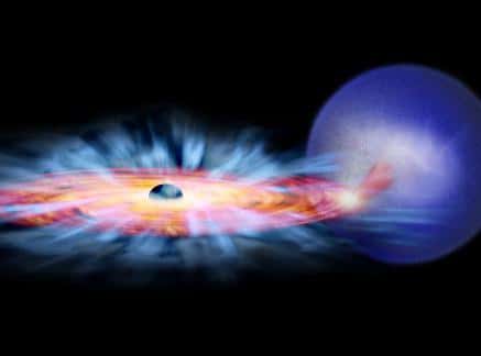 Vue d'artiste du trou noir GRO J1655-40, de son disque d'accrétion et de son étoile compagnon<br />  (Crédits : NASA/CXC/M.Weiss )