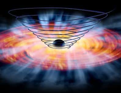 Représentation de la façon dont les champs magnétiques peuvent induire un vent de particules dans le disque d'accrétion<br /> Ce vent aide à faire diminuer le moment angulaire et permet au gaz de "plonger" au centre du trou noir <br />(Crédits : NASA/CXC/M.Weiss)