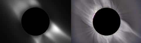 A gauche : Photographie "présumée" - en fonction des sorties du modèle - de l'éclipse <br />A droite : Photographie prise en Egypte par Christian Viladrich<br />La ressemblance est flagrante...<br /> (Crédits : Gauche : SAIC/NASA/NSF Droite : Christian Viladrich)