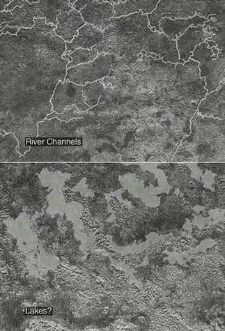 On peut voir, dans la région de Xanadu, un réseau de rivières (en haut) qui débouchent peut-être sur des lacs de méthane ou d'éthane (en bas)<br /> (Crédits : NASA/JPL)