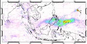 Les données de l'instrument OMI embarqué à bord du satellite Aura révèlent la présence au-dessus de l'Indonésie d'un nuage de dioxyde de soufre en provenance du volcan de la Soufrière<br /> Les scientifiques pensent que le panache observé par Calipso est un vestige de ce nuage, qui se serait transformé en un aérosol contenant des gouttelettes d'acide sulfurique <br />(Crédits : Dutch/Finnish collaboration/KNMI/NIVR)