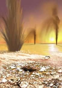 Vue d'artiste du paysage offert par le pôle sud de Mars au printemps <br />(Crédits : Arizona State University/Ron Miller)