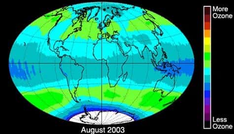 Distribution de l'ozone dans notre atmosphère, mesurée en août 2003 par le spectromètre TOM (pour Total Ozone Mapping).<br />Crédits : NASA/Goddard 