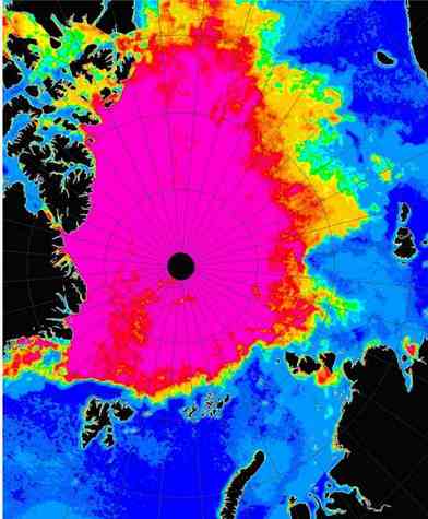 Image réalisée le 24 août 2005 à l'aide de l'instrument AMSR-E embarqué sur le satellite Envisat, à la verticale du pôle nord. L'archipel Svalbard (le Spitzberg) est en bas. La couleur bleue marque la mer libre et le rose la glace. Entre les deux, les couleurs orange, jaune, et verte indiquent des concentrations de glace dans l'eau de, respectivement, 70%, 50% et 30%.Crédit : Polar View, Leif Toudal Pedersen
