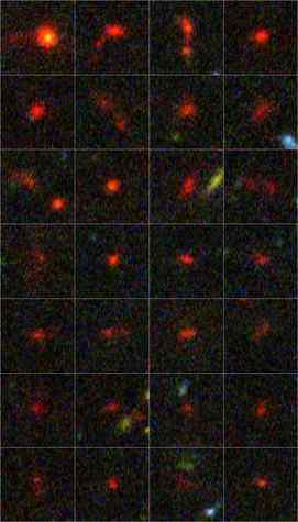 Petites, vieilles de 13,7 milliards d'années, les galaxies découvertes dans les champs profonds photographiés par Hubble, fabriquaient beaucoup d'étoiles. Leur couleur, que nous voyons rouge à cause du redshift, était bleue. Crédit : NASA, ESA, R. Bouwens and G. Illingworth (University of California, USA)