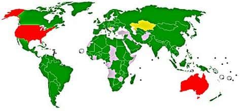 Pays signataires du traité de Kyoto.<br />Vert: signé et ratifié.<br />Jaune: signé et ratification en attente.<br />Rouge: signé et refus de ratification.<br />Gris: pas de position.