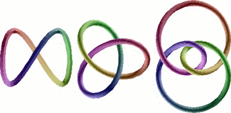 De gauche à droite, le nœud trivial (un cercle tordu), le nœud de trèfle et le nœud en huit : ces trois nœuds sont tous distincts, au sens où il faudrait les couper pour passer continûment de l'un à l'autre.<br />Crédits : S. Tummarello