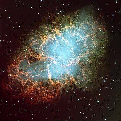 La supernova de 1054 dite 'du Crabe' du nom de la constellation où elle se situe, plus brillante que Vénus malgré une distance de 7000 années-lumière. Source : ESO