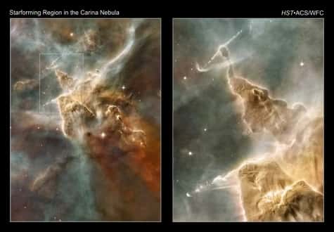 Détails d'une zone de formation d'étoiles massives. Ces montagnes d'hydrogène sont déchirées par les rayonnements ultraviolets émis par les jeunes étoiles. Les plus puissantes ont littéralement sculpté ce grand pilier. Dans l'image de droite, les deux jets de gaz témoignent de la présence d'une étoile. Crédits : Nasa, Esa, N. Smith (UC Berkeley) / Hubble Heritage Team (STScI/Aura) 