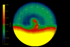  <br />Image du double vortex (en rouge) au pôle sud prise par Vénus Express (Crédit : ESA).
