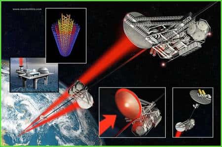 Vue d'artiste d'un futur ascenceur spatial propulsé par faisceau laser.
