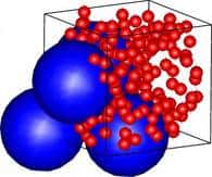 Pour prédire le comportement d’un colloïde, il suffit de considérer quelques particules colloïdales (en bleu), entourées, lorsqu’elles sont chargées de « contre-ions » de charges opposées (en rouge). <br />Crédit : Athanassios Panagiotopoulos.
