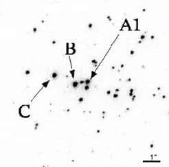 En A1, situation du couple binaire comportant l'étoile la plus massive jamais observée. En C, autre candidat évoqué dans l'article. Crédit HST / Université de Montréal.