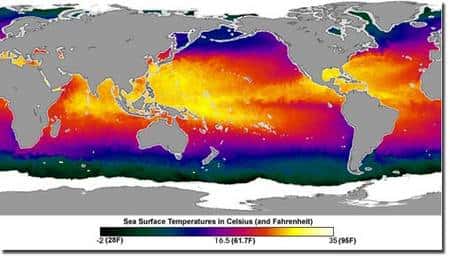 Cette image en fausses couleurs, prise par un satellite en 2003, représente la température de surface globale des océans. La glace est représentée par la couleur blanche et les continents en gris.<br />Crédit : NASDA-NASA.