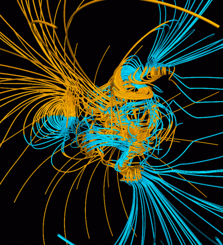 Simulation numérique de l'inversion du champ magnétique de la Terre (Crédit : Gary A Glatzmaier).