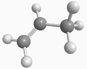 La molécule de propylène. Les atomes de carbone sont représentés par des sphères gris foncés, ceux d'hydrogène par des sphères gris clair. Crédit IRAM.