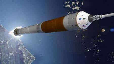 Lancement d'un CEV (Crew Exploration Vehicle), lui aussi élaboré sur le modèle d'Apollo (vue d'artiste). Crédit NASA.