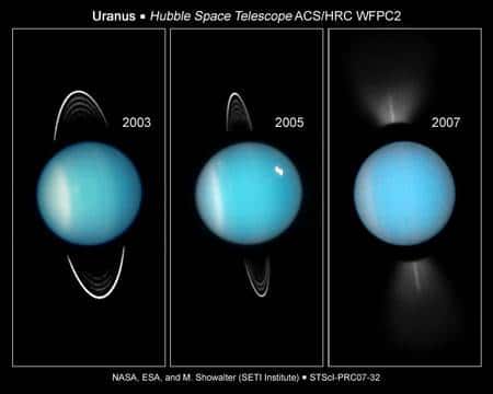 Uranus vue par la caméra planétaire du Télescope spatial Hubble, en 2003, 2005 et 2007. Crédit NASA/ESA.