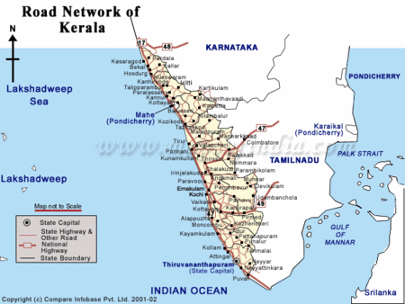Carte du Kerala, un état de l'Inde du Sud.