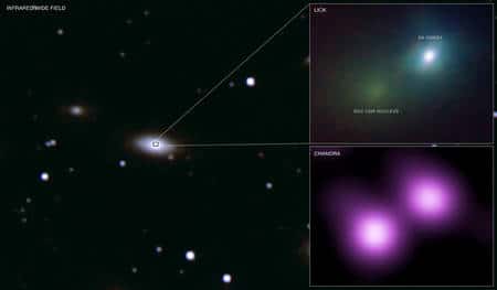 La supernova SN 2006gy a été observée dans la galaxie NGC 1620 à différentes longueurs d'onde. © Illustration: Nasa/CXC/M.Weiss; X-ray: Nasa/CXC/UC Berkeley/N.Smith et al.; IR: Lick/UC Berkeley/J.Bloom & C.Hansen