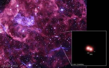 Les vestiges de la supernova Puppis-A et la situation de l'étoile à neutrons RX J0822-4300. Crédit Nasa.<br />