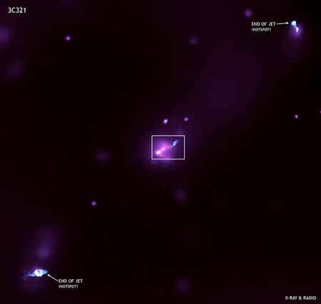 Au centre, en rose, 3C 321 et sa galaxie satellite. En bleu, les lobes radio et le jet de matière dévié par la petite galaxie autour du quasar. Cliquez pour agrandir. Crédit : X-ray: Nasa/CXC/CfA/D.Evans <em>et al.</em>; Radio: NSF/VLA/CfA/D.Evans <em>et al.</em>, STFC/JBO/Merlin