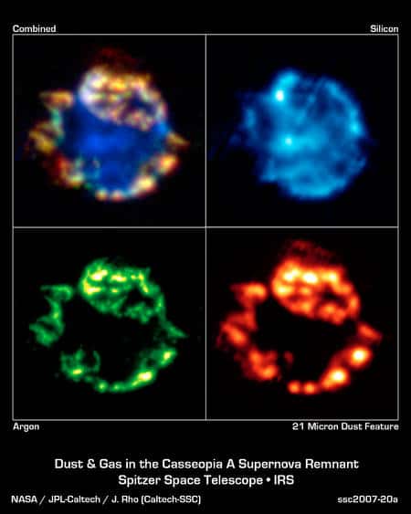Une série d'images donnée par Spitzer de la nébuleuse de Cassiopée A. Le télescope a détecté de l'argon, du silicium et de la poussière contenant de l'oxyde de fer, du dioxyde de silicium et des proto-silicates. L'image en haut à gauche est une image composite montrant ces différents composants dans le gaz de la nébuleuse. Cliquez pour agrandir