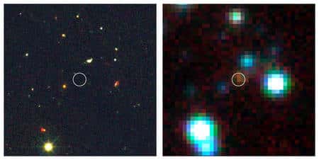 A gauche, une image dans le visible de GOODS 850-5 (dans le cercle) prise avec le télescope Hubble. A droite, celle en infrarouge prise par Spitzer. Cliquez pour agrandir. Crédit : Wang <em>et al.</em>, STScI, Spitzer, Nasa, NRAO/AUI/NSF