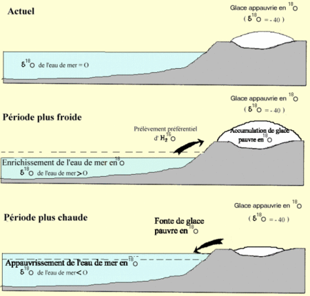 La teneur de la glace des calottes polaires en isotope 18 de l'oxygène différant de celle de l'océan, sa concentration dans l'eau de mer varie au cours du temps, entre les époques chaudes et froides. Le volume total de l'eau, dans les océans et dans les calottes, étant constant, la teneur en isotope 18 est donc lié au niveau des mers. Crédit : Institut national de recherche pédagogique