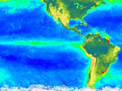 Production phytoplanctonique en été boréal (juin à août 1998), d'après les données de SeaWifs, en fausses couleurs. En vert, elle est la plus élevée. En bleu, elle est la plus faible. La zone verte suit les courants, qui forment un tourbillon océanique, suivant le plus souvent la côte. On voit ici que le grand tourbillon autour du Pacifique sud vient buter sur l'équateur (où le courant s'écoule vers l'ouest).<br />© <em>Nasa/Goddard Earth Science</em>