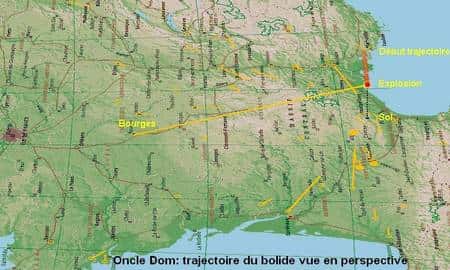 Reconstitution 3D de la trajectoire du bolide réalisée par Oncle Dom. L'objet s'est désintégré complètement vers 50 kilomètres d'altitude, donc dans la partie supérieure de la stratosphère, au-dessus d'un point situé au nord-ouest de Béziers.