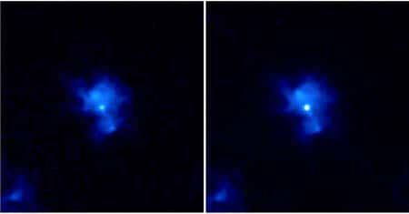 Cliquez pour agrandir. Chandra montre clairement une bouffée de rayons X pour Kes 75 sur l'image de droite (point blanc) Crédit : Nasa/CXC/M. Gonzalez/F. Gavriil/P. Slane