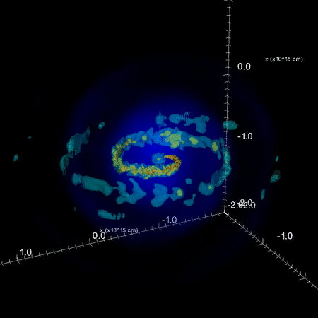 Une simulation numérique de l'influence d'une exoplanète sur l'enveloppe gazeuse éjecté par l'étoile centrale agonisante. La formation d'une onde spirale est bien visible. Crédit : <em>Rochester University</em>